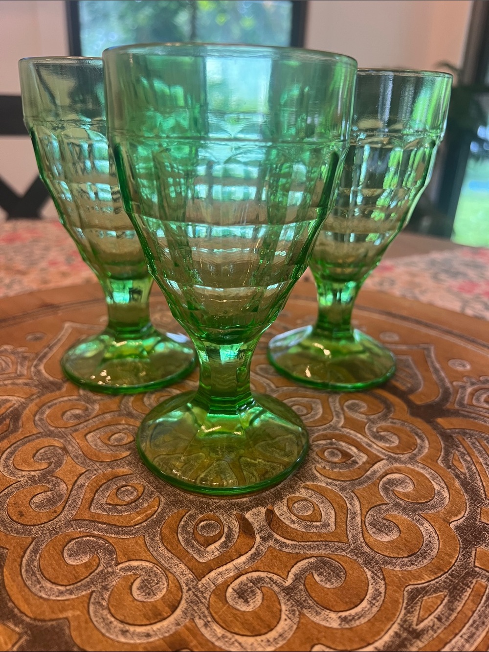 Hazel Atlas Green Uranium Glass,  Depression Pressed Glass Goblets. 1930’s.